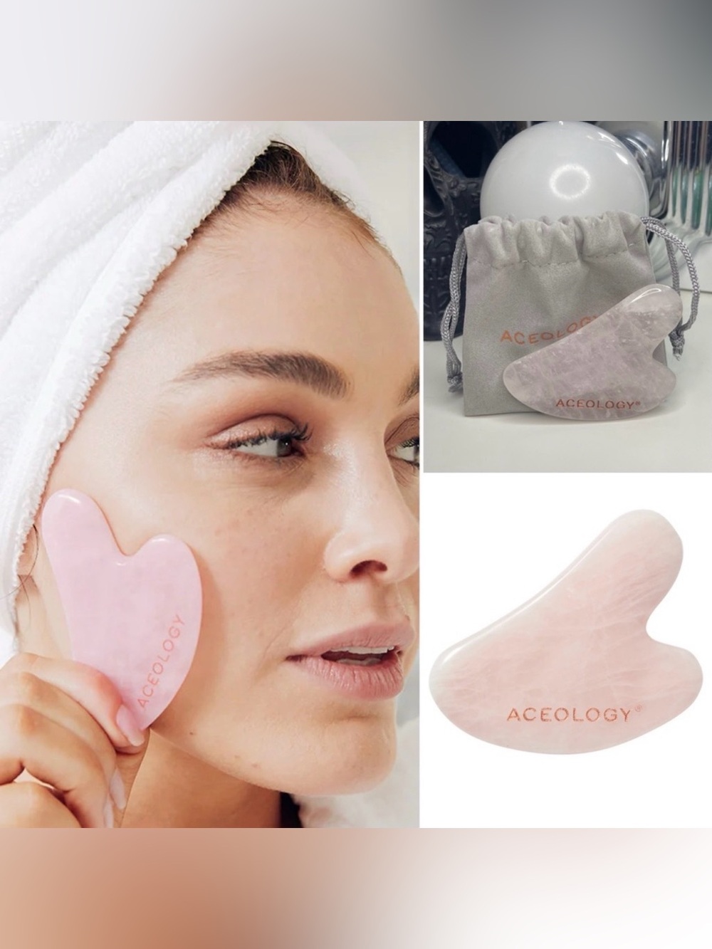 Aceology Rose Quartz Gua Sha Facial Massager & Travel Bag